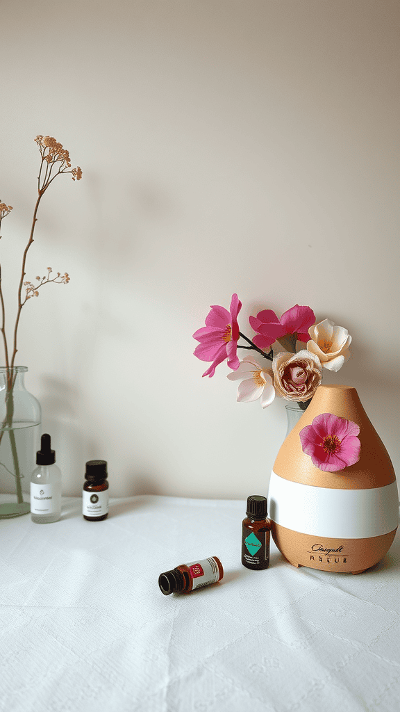 A stylish diffuser with essential oils and colorful flowers on a white table.