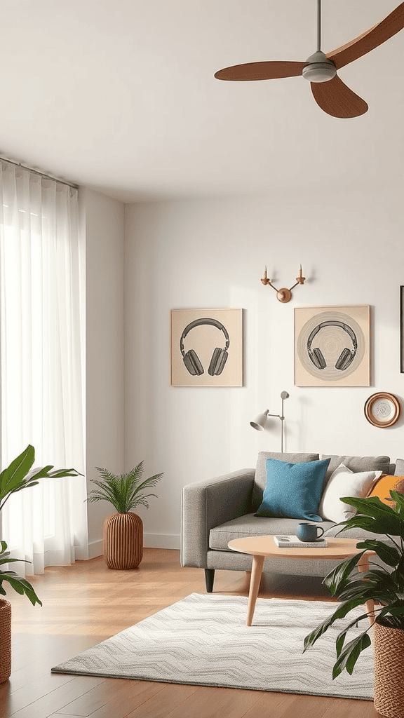 A cozy living room with sound-themed decorations, featuring a gray couch, art on the walls, and plants.