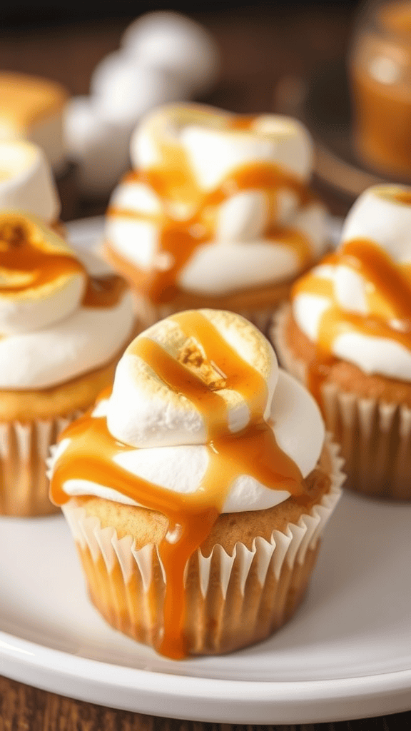 Delicious caramel S'mores cupcakes with marshmallows and graham crackers