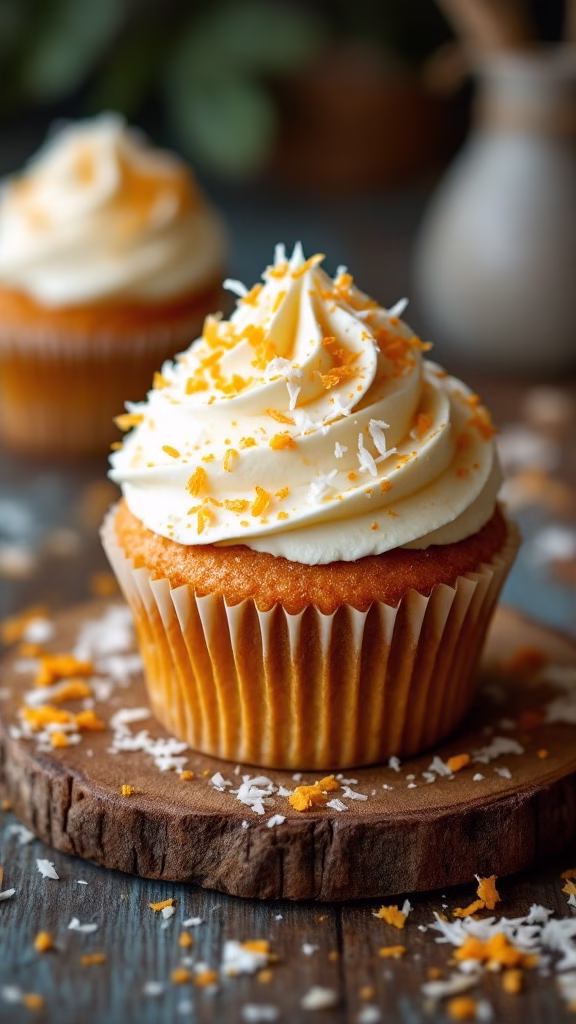 Delicious carrot-coconut cupcakes topped with cream cheese frosting and orange zest.