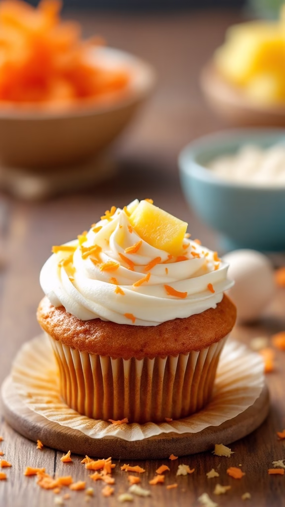 Delicious carrot-pineapple cupcake topped with cream cheese frosting and orange sprinkles.