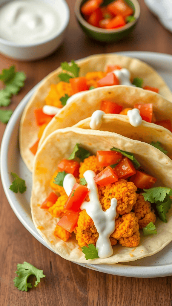 Cauliflower Buffalo Tacos with tomatoes and ranch dressing