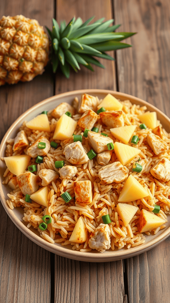A plate of chicken and pineapple fried rice garnished with green onions.
