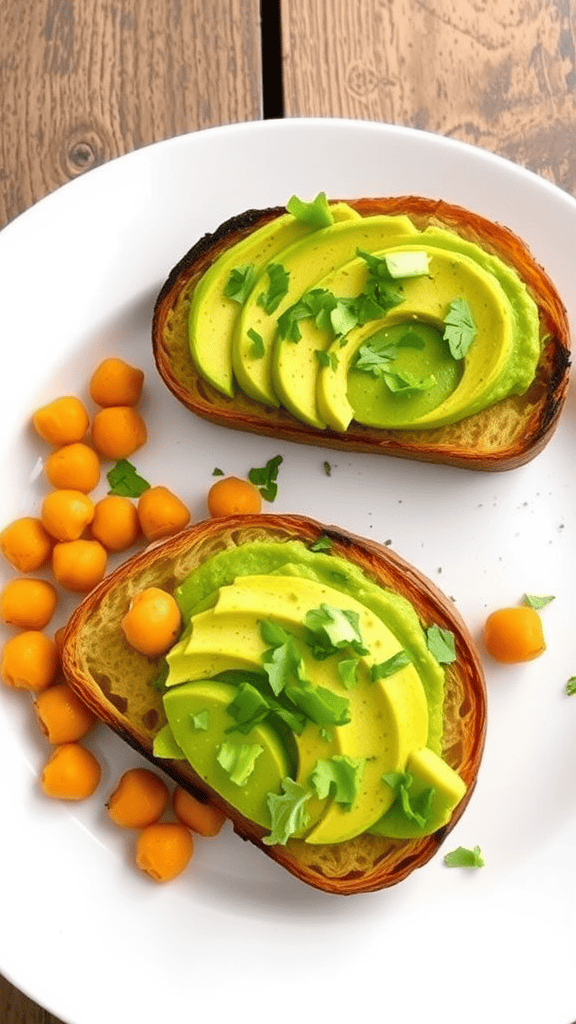 A plate of chickpea and avocado toast topped with radish slices and garnished with fresh herbs.