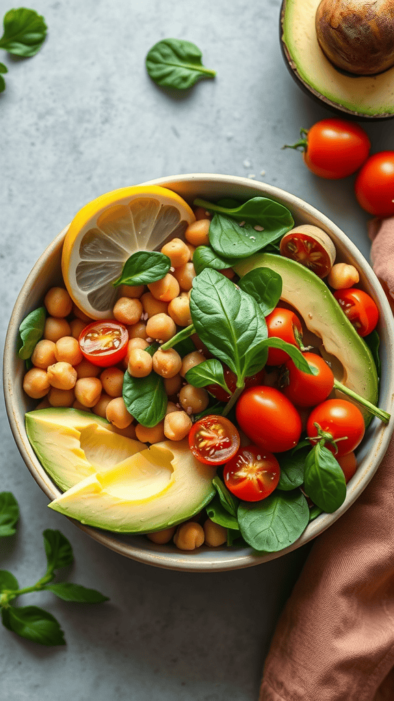 Chickpea spinach power bowl featuring chickpeas, spinach, cherry tomatoes, avocado, and lemon slices.