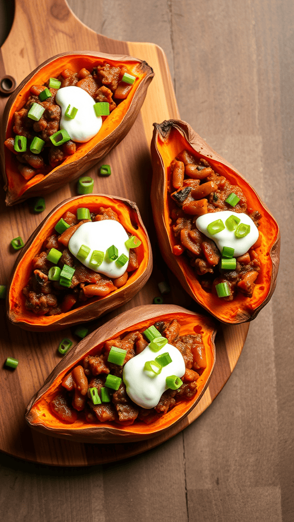 Sweet potato boats filled with vegetarian chili, topped with sour cream and green onions.