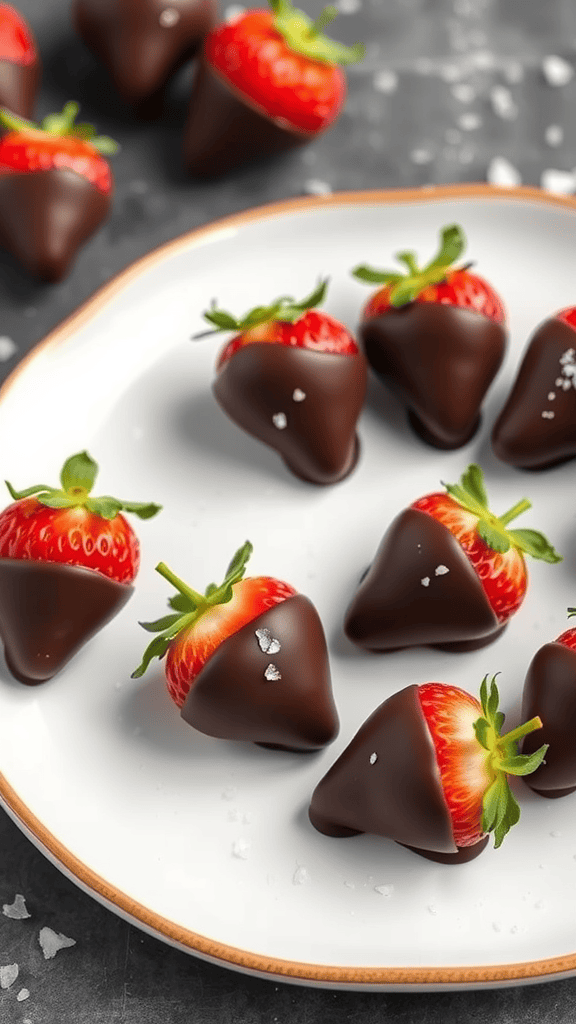 Plate of chocolate-dipped strawberries with a sprinkle of sea salt