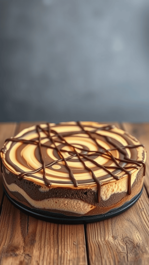 A beautifully swirled chocolate cheesecake with a graham cracker crust