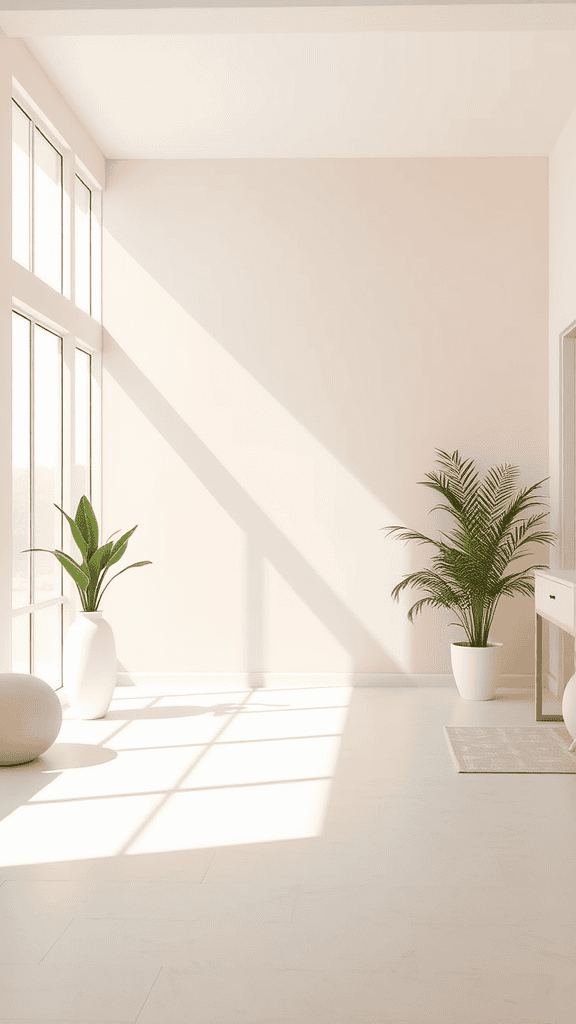 A light and airy room with soft pink walls, large windows, houseplants, and minimalistic decor.