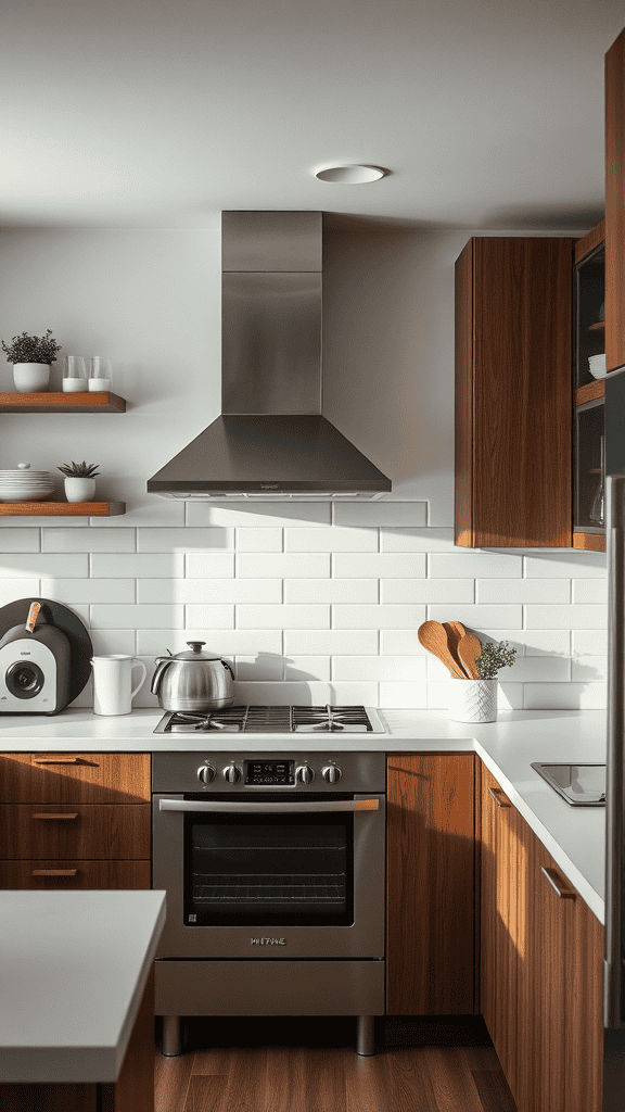 Modern kitchen featuring a stainless steel oven, kettle, and wooden cabinets.