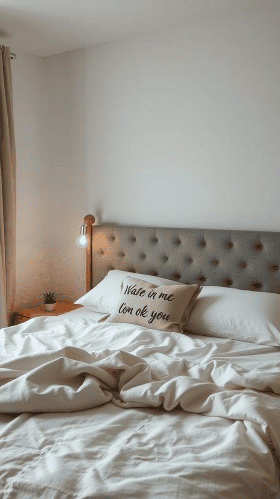 Cozy bedroom with a neatly made bed, featuring soft bedding and a decorative pillow.