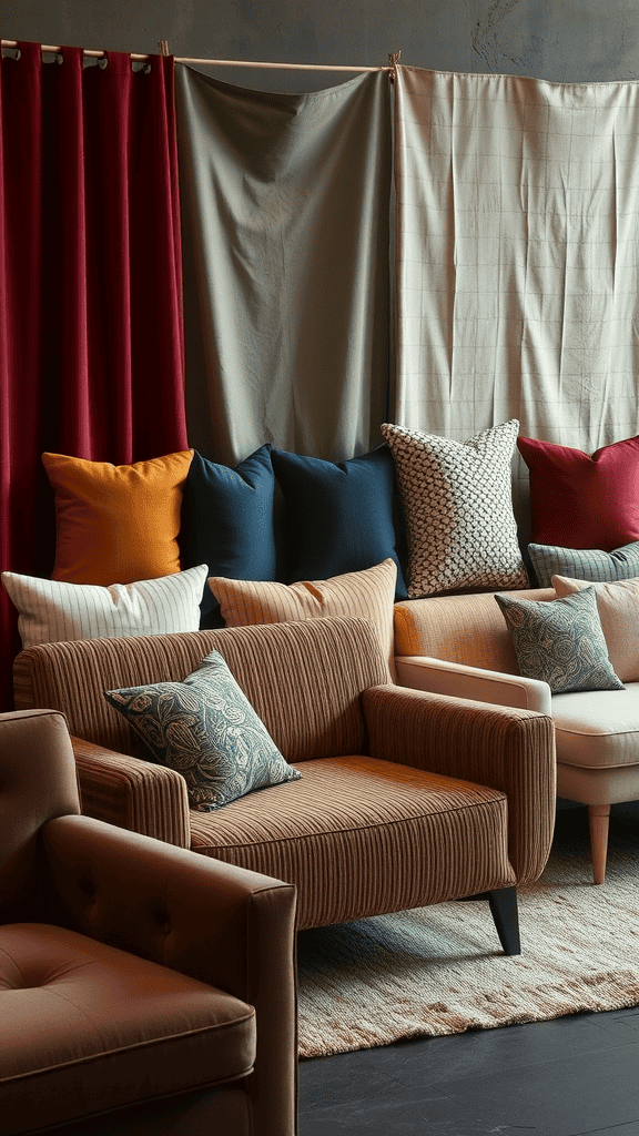 A cozy seating area featuring a variety of textured sofas and colorful pillows against a backdrop of draped fabrics.