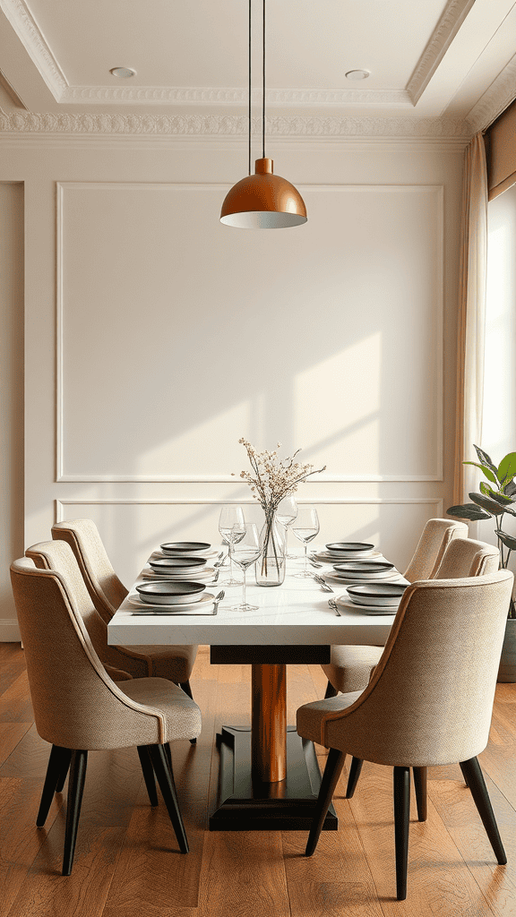 Modern dining setup with plush chairs around a marble table, featuring elegant lighting.