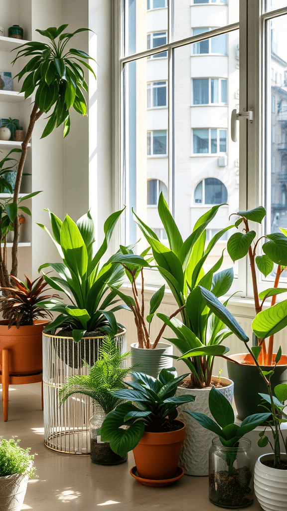 A bright room with various indoor plants including tall leafy ones, smaller potted plants, and a mixture of textures and colors.