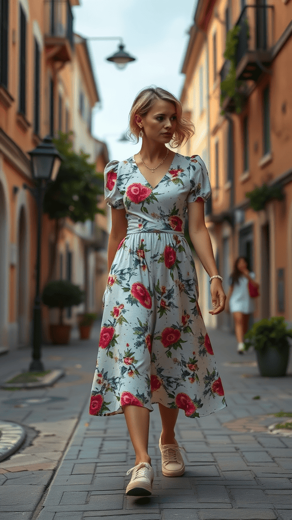 A person wearing a floral vintage dress paired with chunky sneakers walking down a charming street.