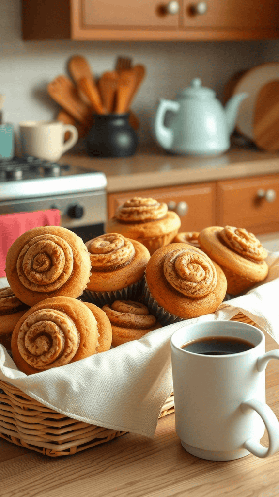 A basket filled with freshly baked cinnamon roll muffins alongside a cup of coffee.