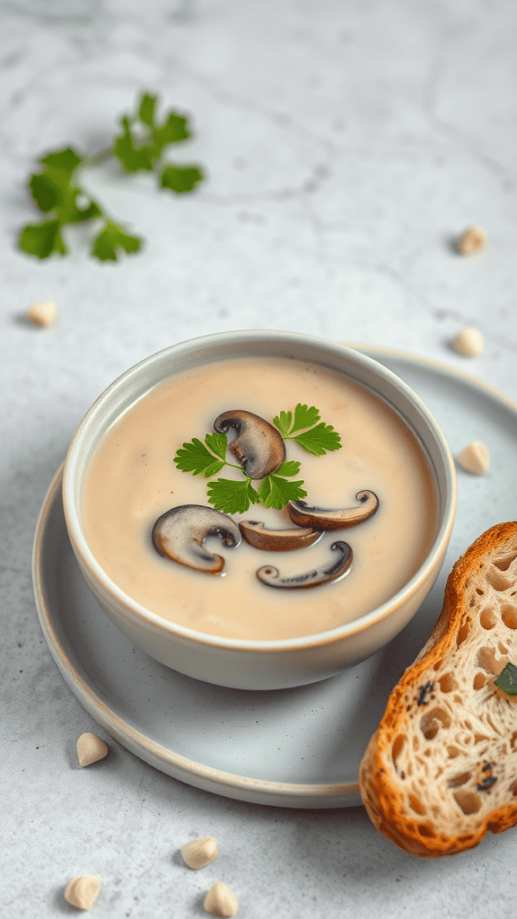 A bowl of creamy mushroom soup garnished with mushrooms and parsley, alongside a slice of crusty bread.