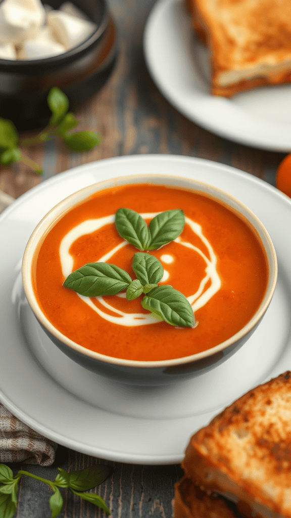 A bowl of creamy tomato soup garnished with basil leaves, accompanied by a grilled cheese sandwich.