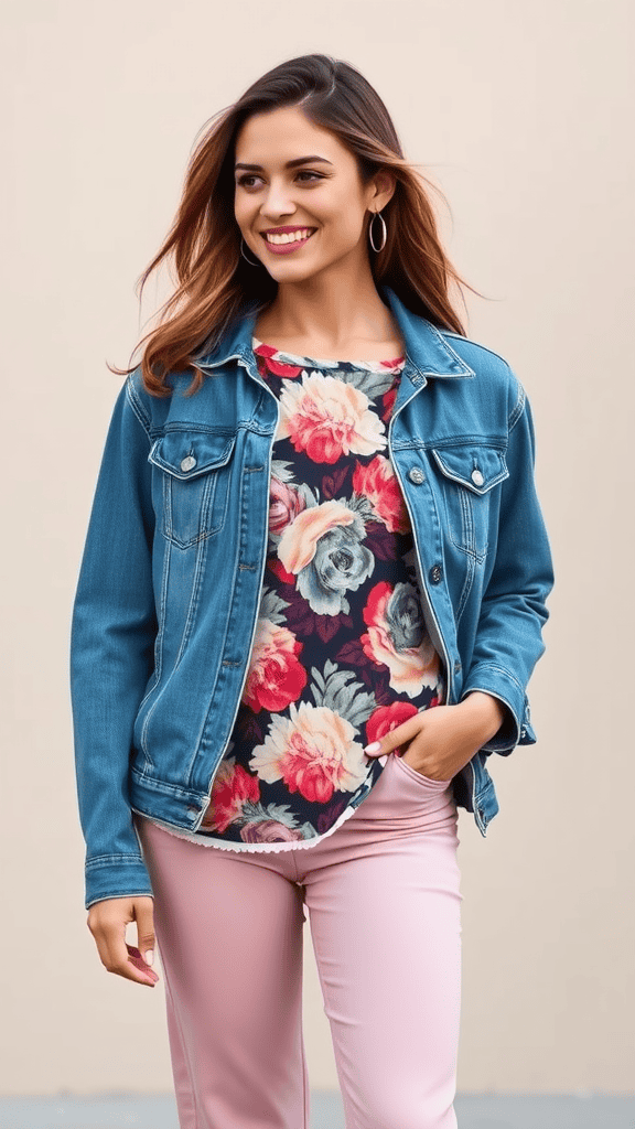 A woman smiling while wearing a denim jacket over a floral top, paired with light pink pants.