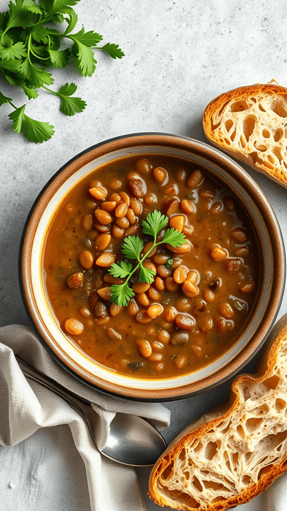 Bowl of lentil soup with cilantro and crusty bread on the side
