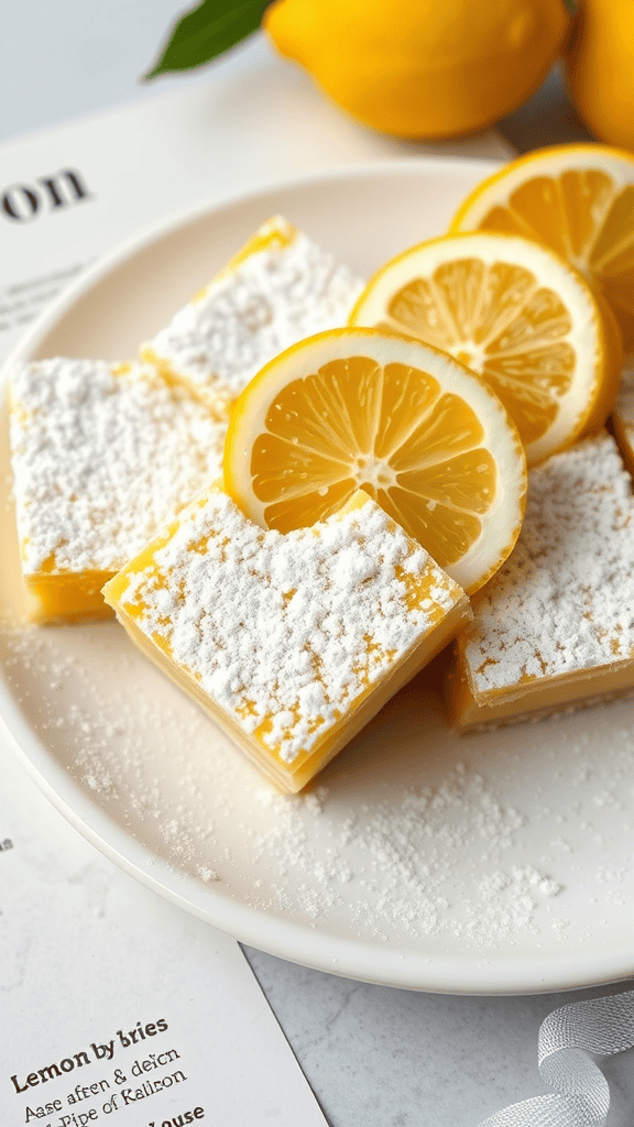 Delicious lemon bars dusted with powdered sugar, garnished with lemon slices.