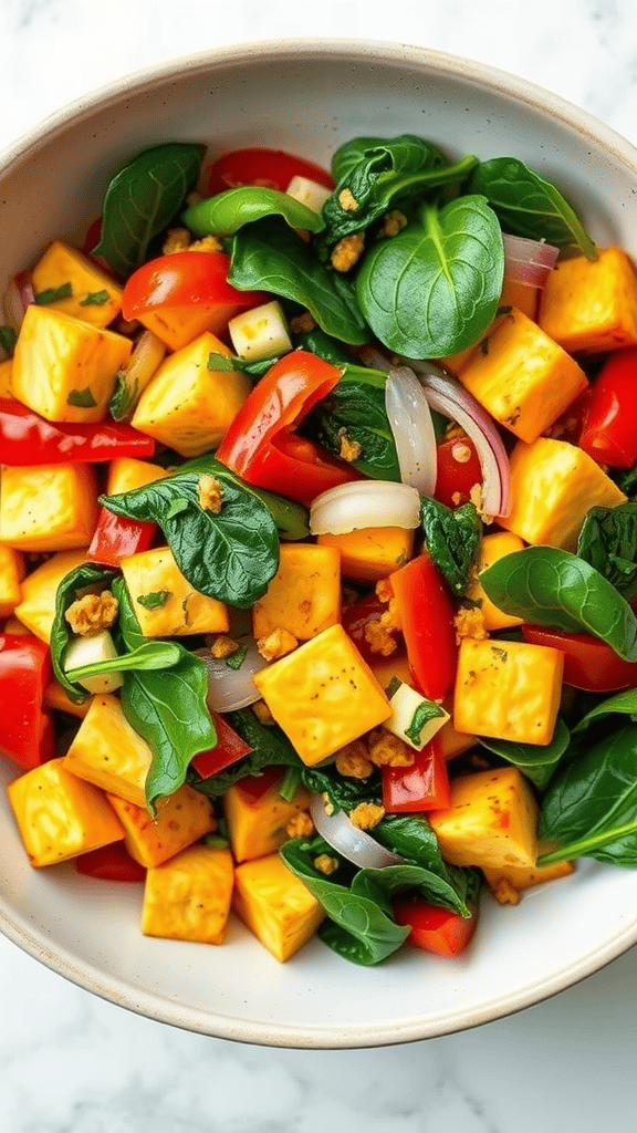 A colorful tofu scramble with vegetables, featuring diced tofu, red bell peppers, chopped spinach, and onions.