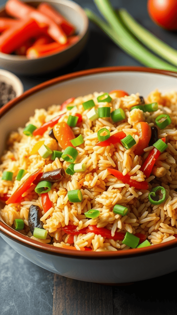 A bowl of colorful vegetable fried rice topped with green onions.