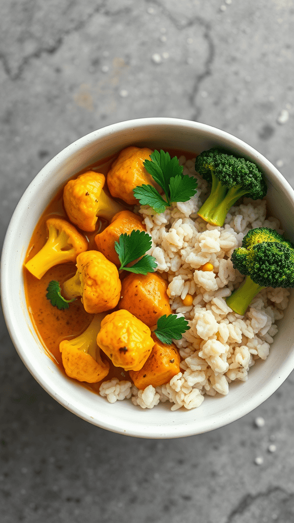 A coconut curry cauliflower bowl with rice, broccoli, and garnished with cilantro