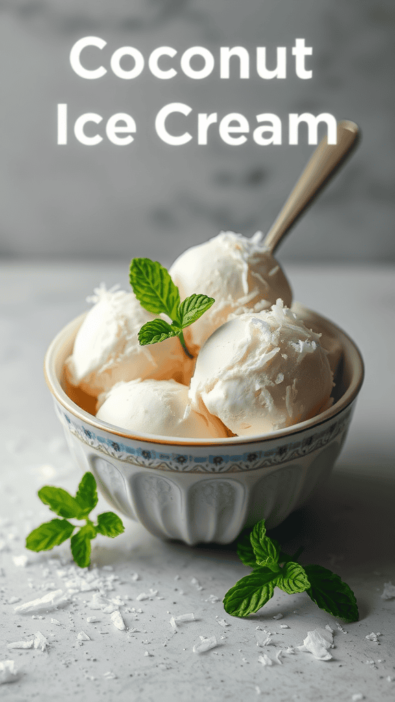 A bowl of coconut milk ice cream with shredded coconut and mint leaves