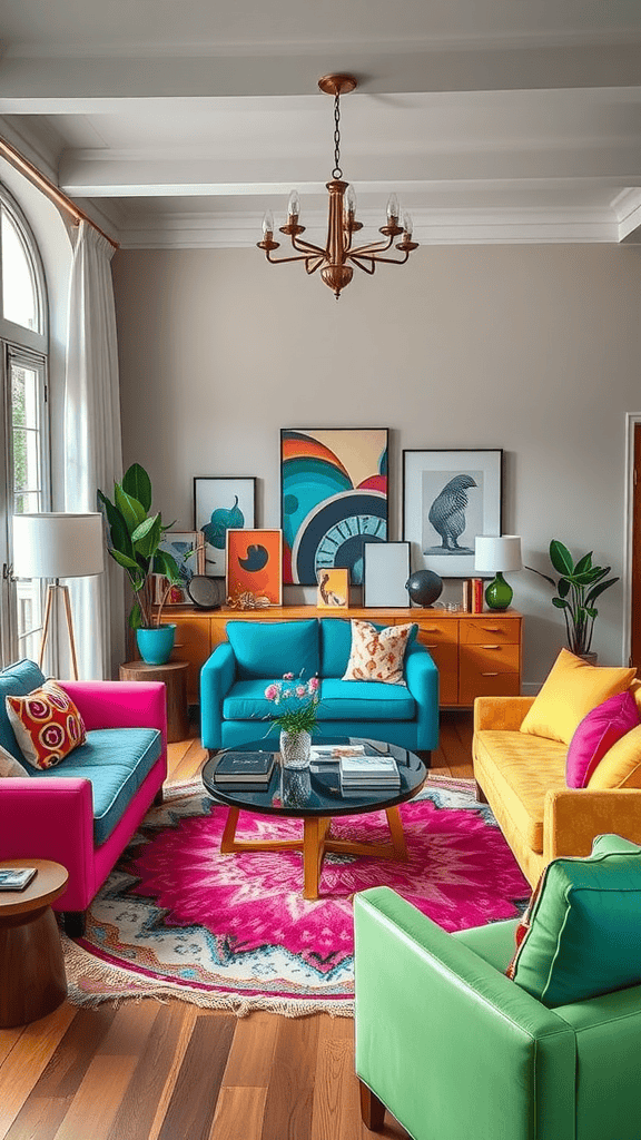 A vibrant living room featuring colorful furniture, including pink, blue, yellow, and green sofas, with a round coffee table and patterned rug.
