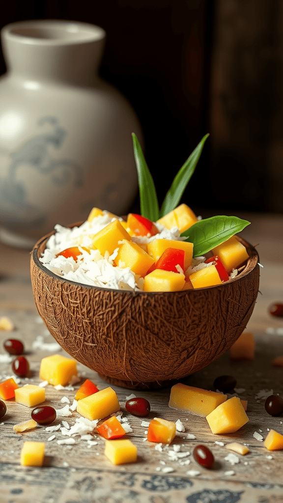 A colorful bowl filled with tropical fruits, shredded coconut, and beans, garnished with mint leaves.