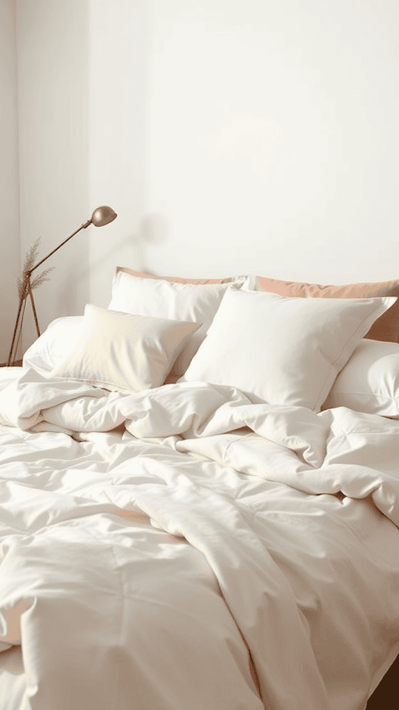 A cozy bed with soft, neutral bedding and decorative pillows.