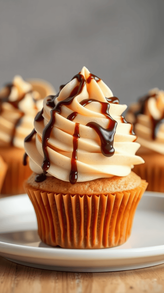 Delicious s'mores cupcakes topped with marshmallow frosting, chocolate syrup, and graham cracker crumbs