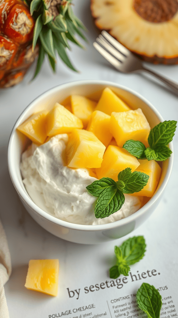 A healthy cottage cheese bowl topped with pineapple and mint.