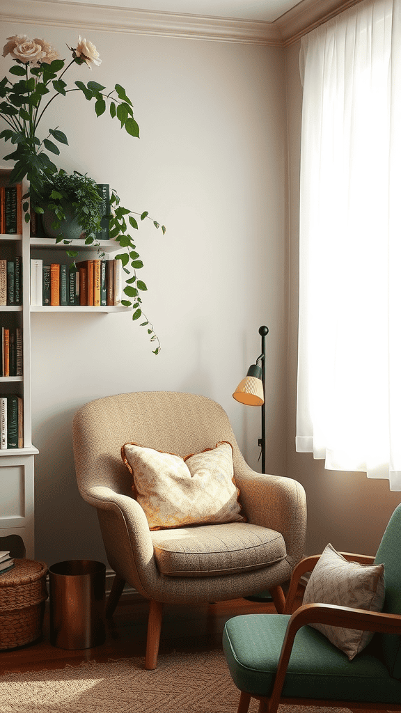 A cozy reading nook featuring a comfortable armchair, bookshelves filled with colorful books, and natural light coming through sheer curtains.