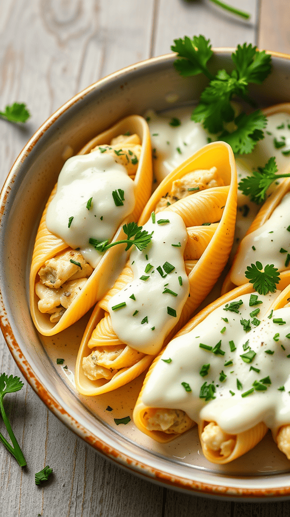 Plate of creamy Alfredo stuffed shells garnished with parsley.
