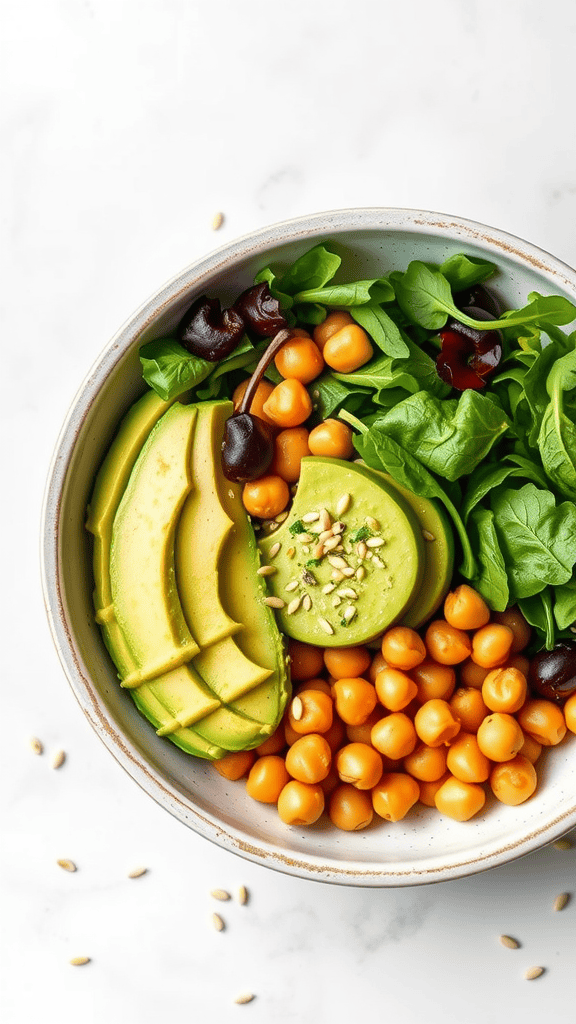 A colorful Buddha bowl filled with sliced avocado, chickpeas, mixed greens, and cherry tomatoes