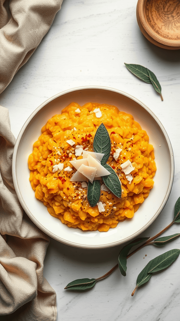 Creamy butternut squash risotto topped with cheese and sage leaves, served in a bowl