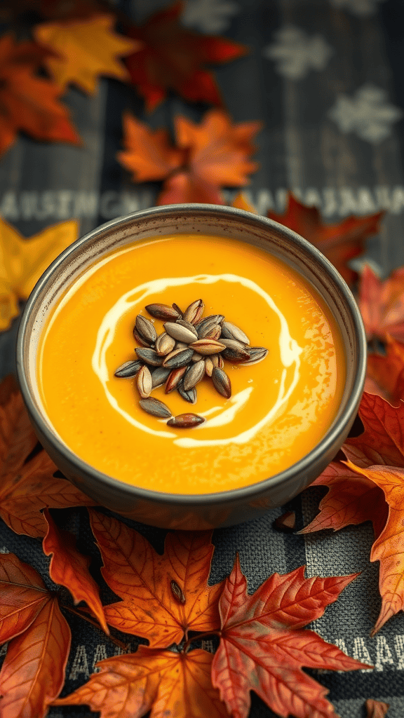 A bowl of creamy butternut squash soup surrounded by autumn leaves.