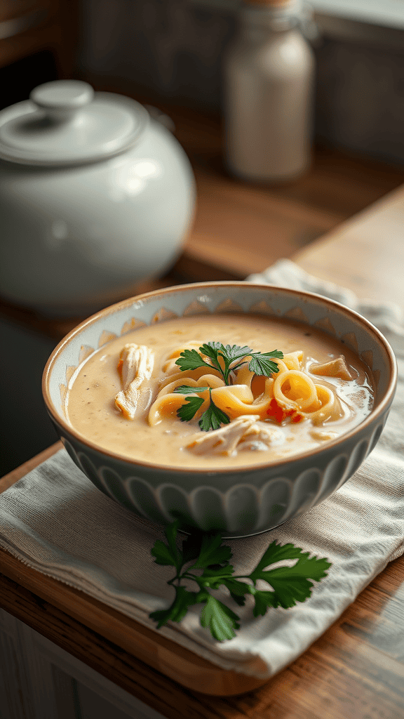 A bowl of creamy chicken noodle soup garnished with parsley, featuring noodles and chicken in a rich broth.
