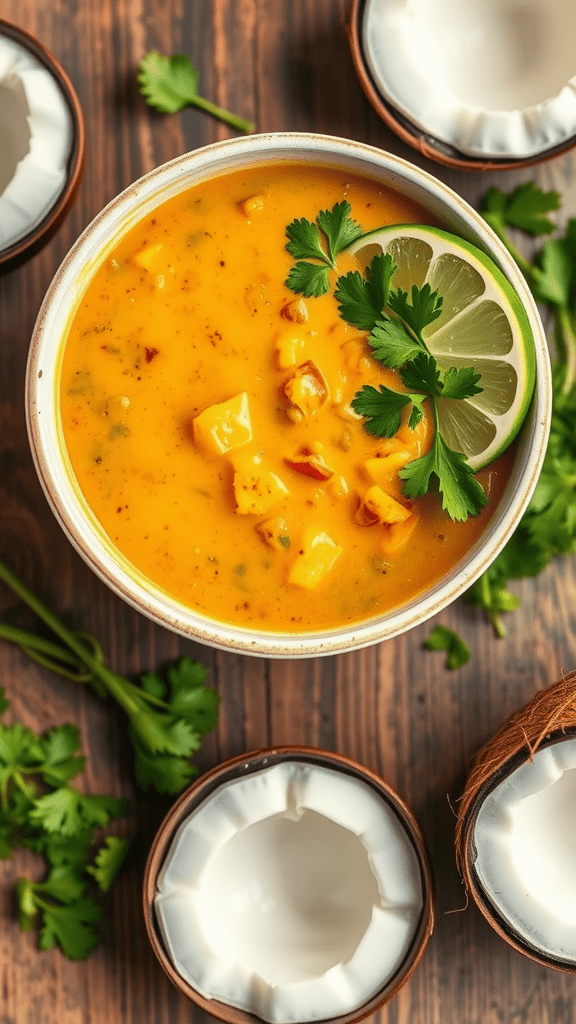 Bowl of creamy coconut curry lentil soup garnished with cilantro and lime slices, surrounded by coconut shells.