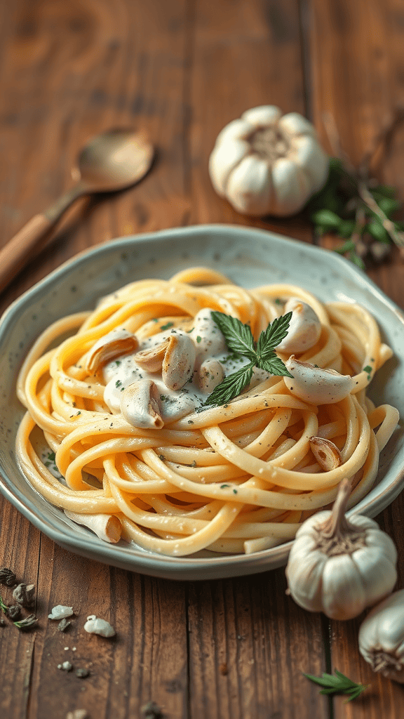 A plate of creamy garlic fettuccine Alfredo topped with garlic cloves and parsley.