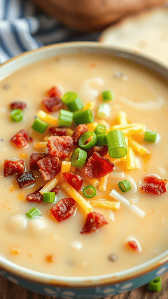 Creamy loaded baked potato soup topped with cheddar cheese, bacon, and green onions in a bowl on a wooden table.