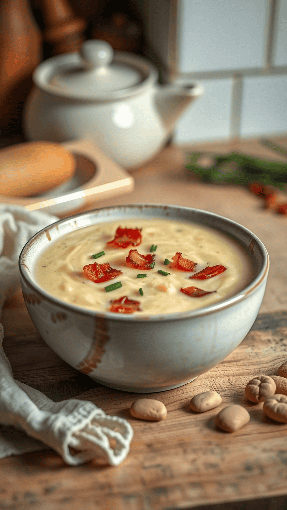 A bowl of creamy potato and leek soup garnished with bacon and chives, with a rustic kitchen background.
