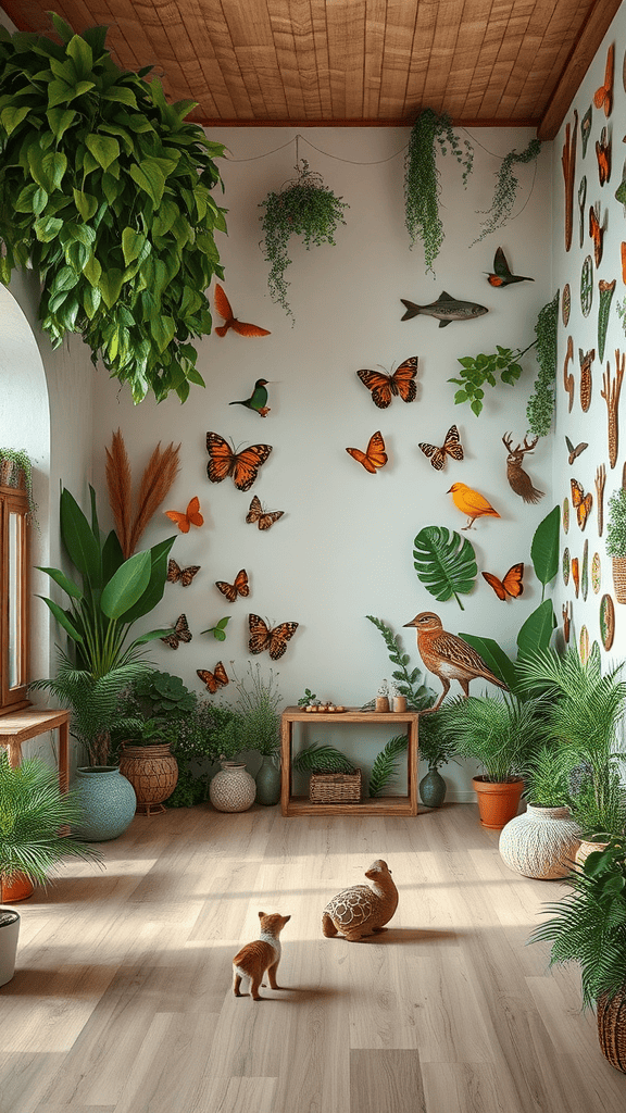 A bright and inviting room filled with indoor plants, wildlife-themed wall art, and a wooden table, featuring two small animals.