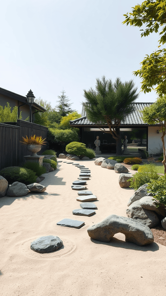 A serene Zen garden featuring a stone path through raked sand and green plants, embodying tranquility.