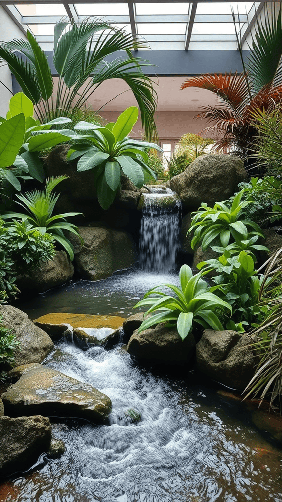 An indoor waterfall surrounded by lush plants and rocks.