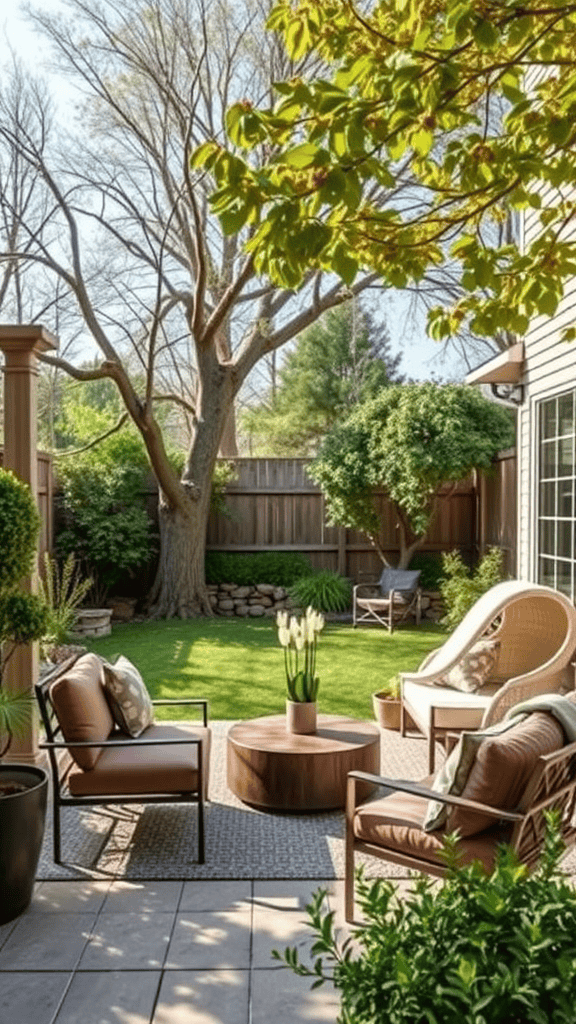 Cozy outdoor patio with seating and greenery, perfect for relaxation.
