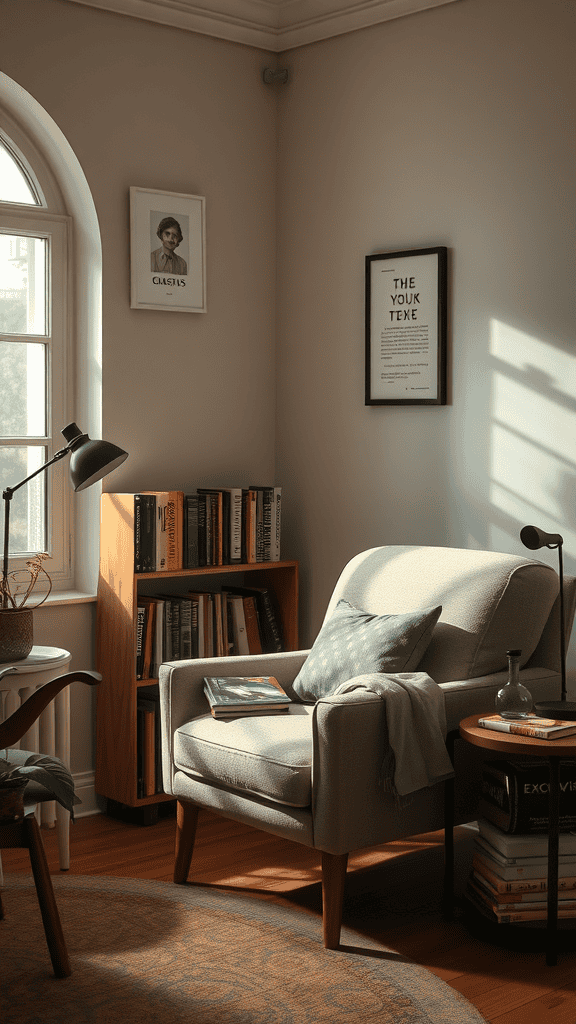 A cozy reading nook featuring a comfortable chair, a small table, bookshelves, and warm natural light.
