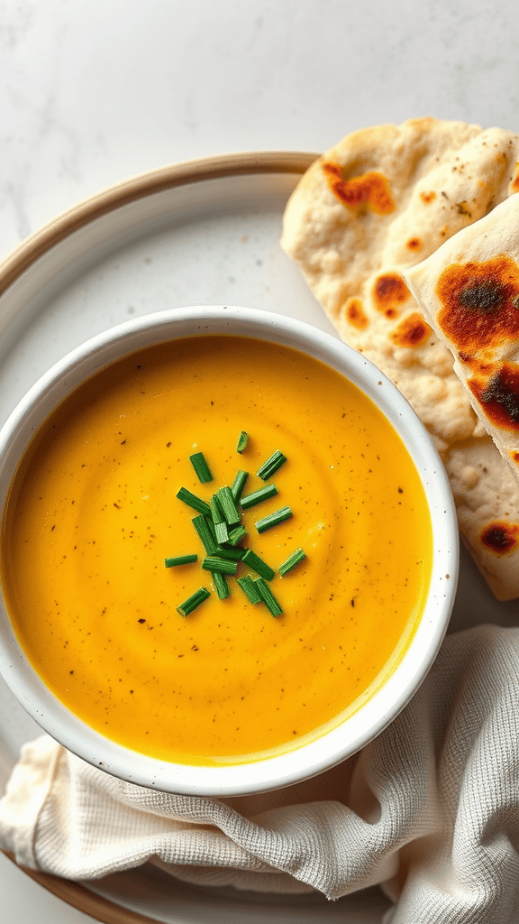 A bowl of creamy curried cauliflower soup garnished with chives, served with flatbread on the side.